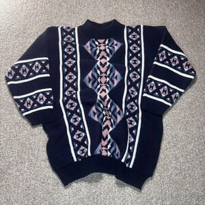 Vintage Cut 4 U Sweater Womens Large Navy Geometric Knit Pullover Made USA 80s